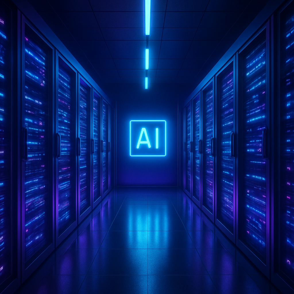 A futuristic data center glowing with blue and purple LED lights representing modern AI infrastructure