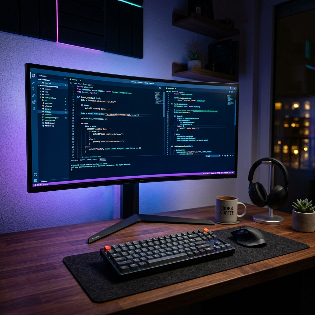 A modern setup showing a gorgeous coding editor display with syntax highlighting on screen, sleek design, and colorful neon ambient lighting