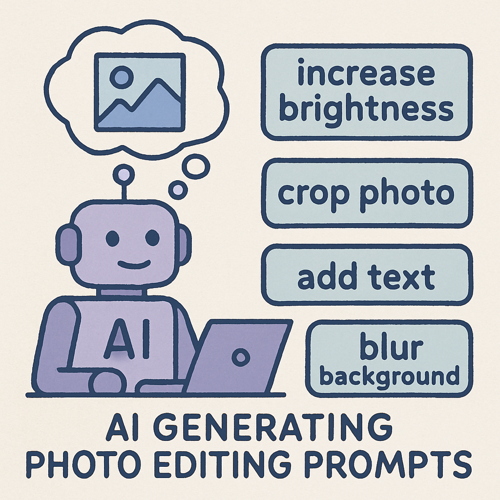 A creative workspace showing photo editing in progress with AI-powered tools and colorful interface elements