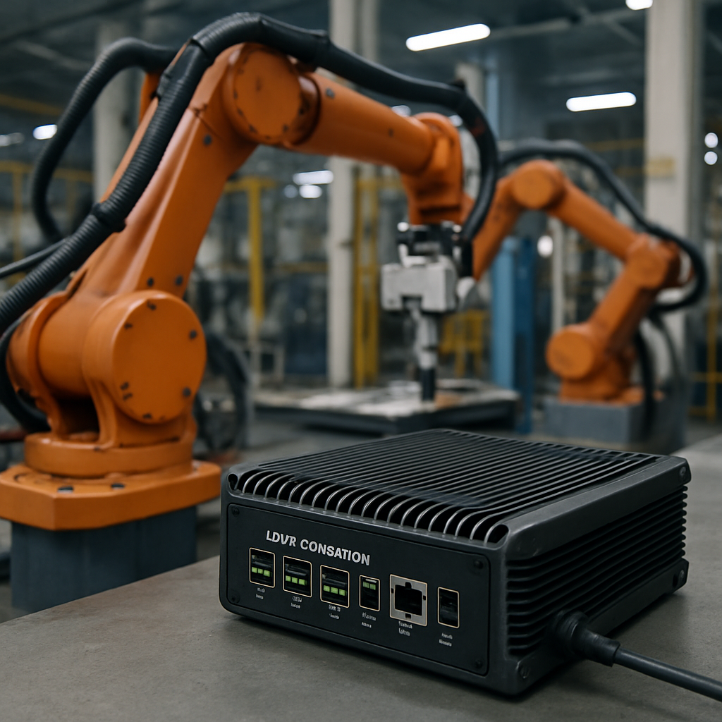 A ruggedized edge computing device installed on a factory floor connected to automated robotic arms