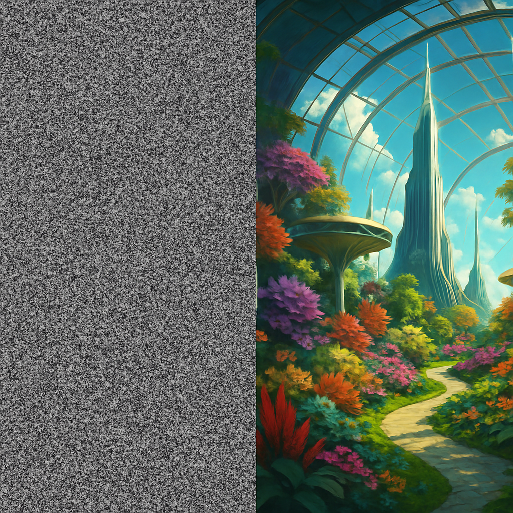 A split-screen image showing a cloud of static on the left and a clear, vibrant digital painting of a futuristic garden on the right