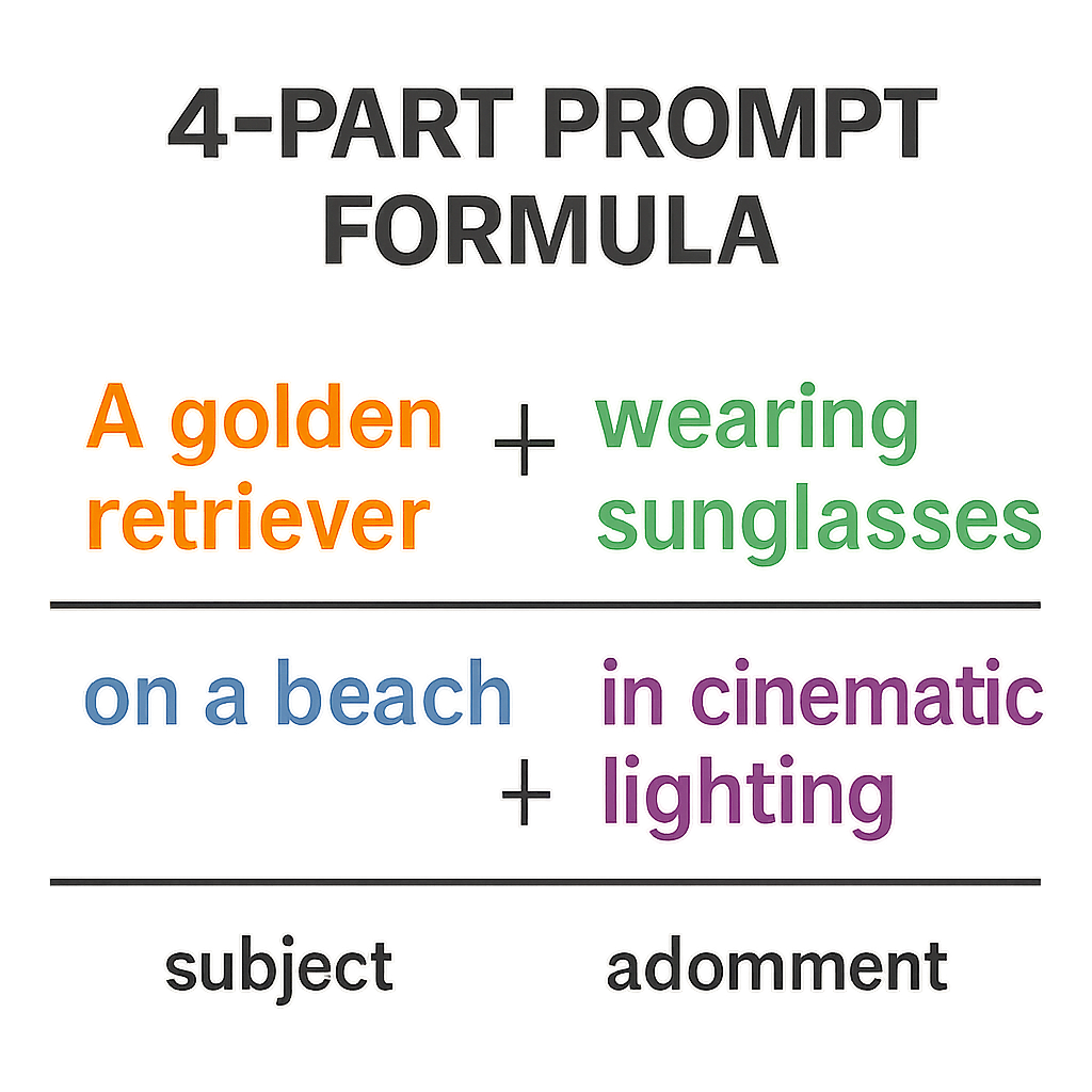 A clean graphic showing the 4-part prompt formula with color-coded examples