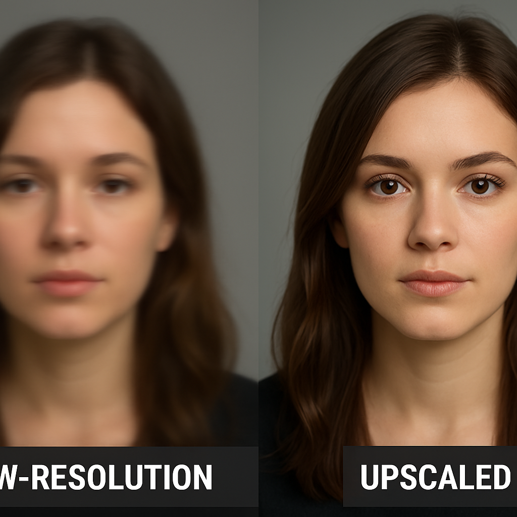 A comparison showing a low-resolution AI image next to its upscaled version, highlighting the sharp details