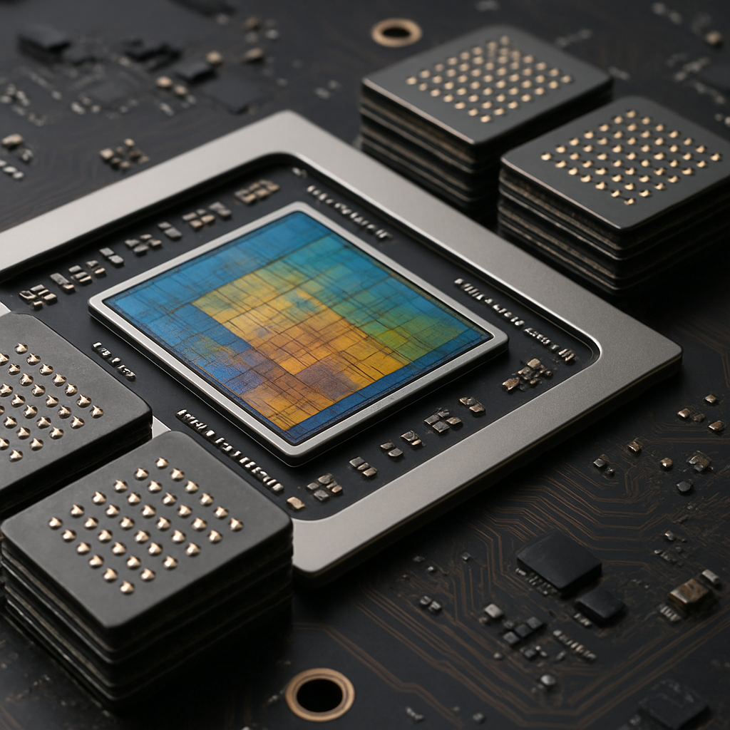 A close-up of a modern GPU chip showing high-bandwidth memory modules stacked alongside the main processor