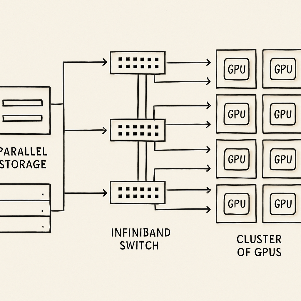 Diagram showing how data flows from parallel storage solutions through InfiniBand switches to a cluster of GPUs